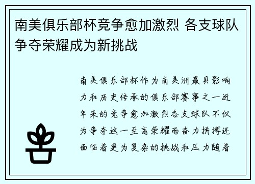 南美俱乐部杯竞争愈加激烈 各支球队争夺荣耀成为新挑战